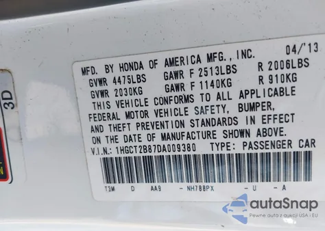 2013 Honda Accord Exl z USA, uszkodzony, nr VIN 1HGCT2B87DA009380